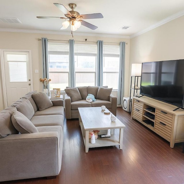 16021 Remington Reserve Way, Austin, TX 78728 - living room featuring a ceiling fan, dark wood-type flooring, and crown molding