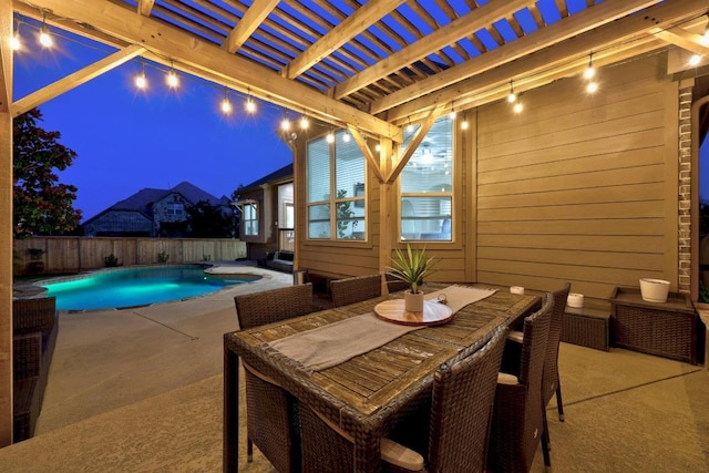 100 Crystal Cv, Round Rock, TX 78664 - patio at twilight with a pergola, a patio area, a fenced backyard, and outdoor dining space