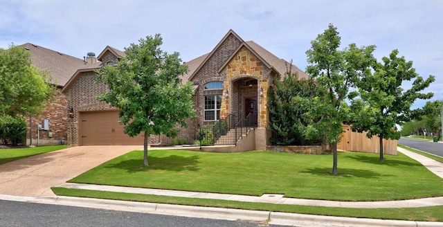 100 Crystal Cv, Round Rock, TX 78664 - view of front of home featuring concrete driveway, a front lawn, brick siding, and stone siding