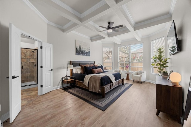 100 Crystal Cv, Round Rock, TX 78664 - bedroom with beamed ceiling, light wood-style floors, coffered ceiling, ceiling fan, and crown molding