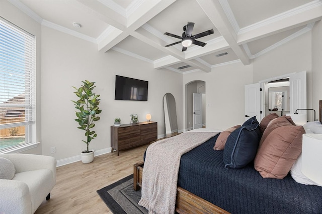 100 Crystal Cv, Round Rock, TX 78664 - bedroom featuring arched walkways, beam ceiling, light wood-type flooring, coffered ceiling, and ornamental molding