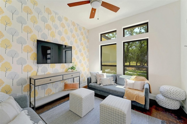 2471 George Pass, Canyon Lake, TX 78133 - living room featuring ceiling fan, wood finished floors, and wallpapered walls
