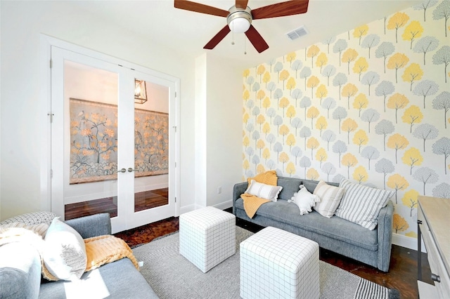 2471 George Pass, Canyon Lake, TX 78133 - living area featuring french doors, ceiling fan, and wallpapered walls