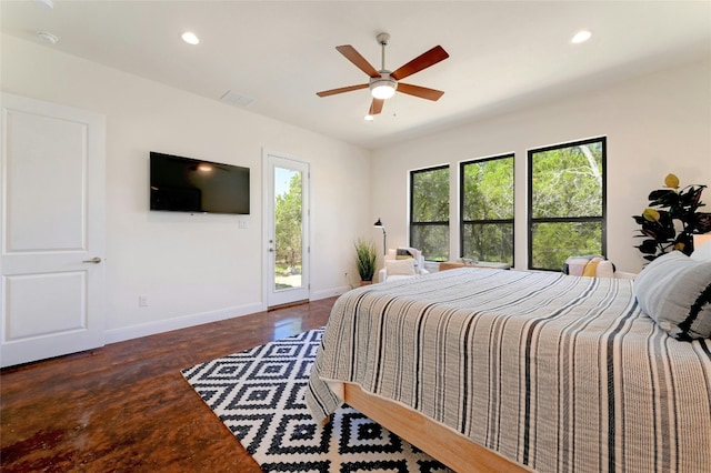 2471 George Pass, Canyon Lake, TX 78133 - bedroom with access to exterior, recessed lighting, wood finished floors, and a ceiling fan