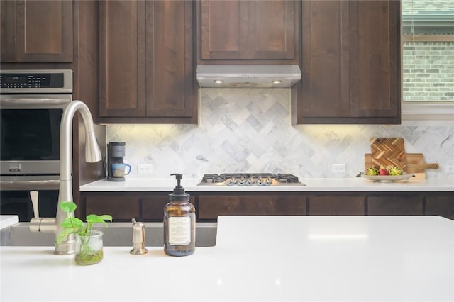 5612 Wild Foxglove Rd, Spicewood, TX 78669 - kitchen featuring exhaust hood, appliances with stainless steel finishes, dark brown cabinets, and backsplash
