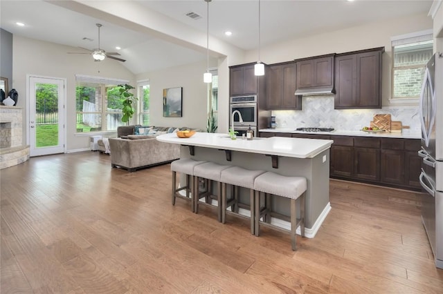 5612 Wild Foxglove Rd, Spicewood, TX 78669 - kitchen with open floor plan, appliances with stainless steel finishes, a ceiling fan, light countertops, and a kitchen breakfast bar