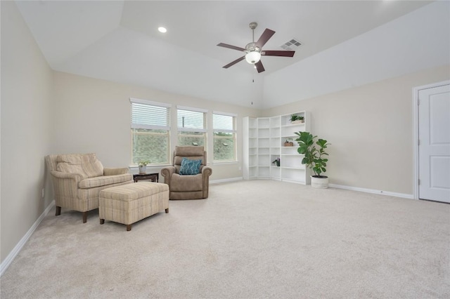 5612 Wild Foxglove Rd, Spicewood, TX 78669 - sitting room with light carpet, a ceiling fan, lofted ceiling, and recessed lighting