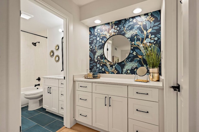 1206 Hollow Creek Dr Unit 3, Austin, TX 78704 - bathroom featuring wallpapered walls, vanity, tile patterned flooring, and shower / tub combination