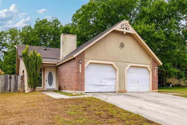 9206 Kempler Dr, Austin, TX 78748 - view of front facade featuring a chimney, brick siding, a shingled roof, concrete driveway, and an attached garage