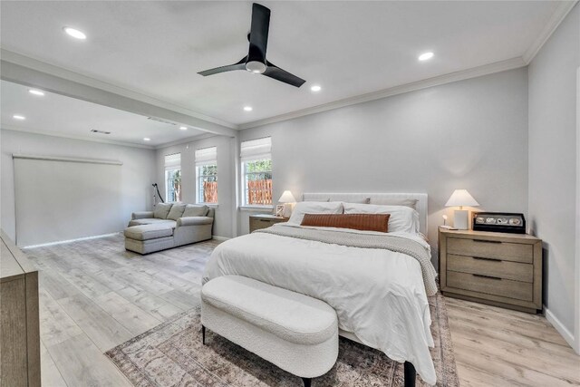 203 Sailors Run, Lakeway, TX 78734 - bedroom featuring light wood-style flooring, crown molding, recessed lighting, and a ceiling fan