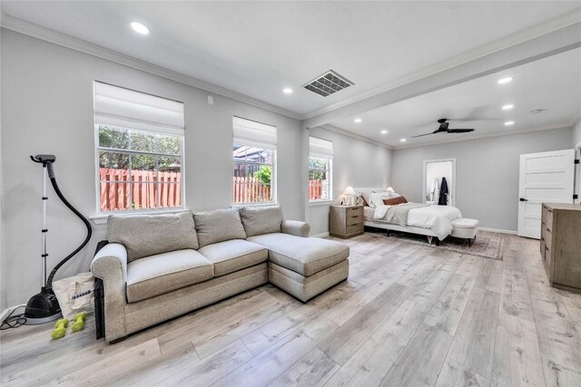 203 Sailors Run, Lakeway, TX 78734 - bedroom featuring light wood finished floors, recessed lighting, crown molding, multiple windows, and ceiling fan