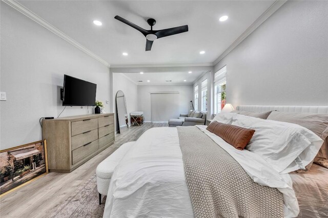 203 Sailors Run, Lakeway, TX 78734 - bedroom featuring light wood finished floors, ornamental molding, and recessed lighting