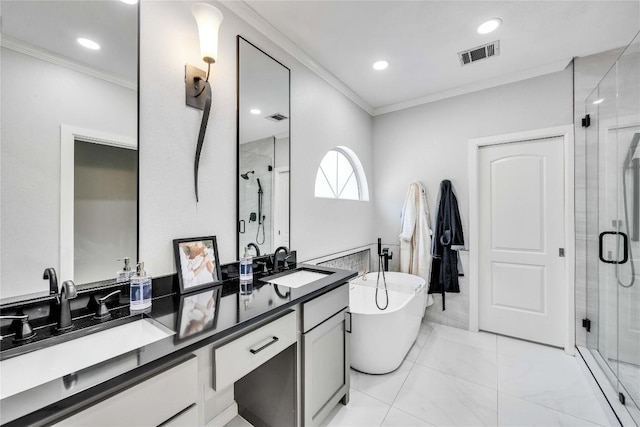 203 Sailors Run, Lakeway, TX 78734 - bathroom featuring crown molding, a shower stall, double vanity, a freestanding bath, and marble look tiles