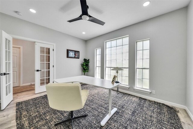 203 Sailors Run, Lakeway, TX 78734 - home office with ceiling fan, light wood finished floors, french doors, and recessed lighting