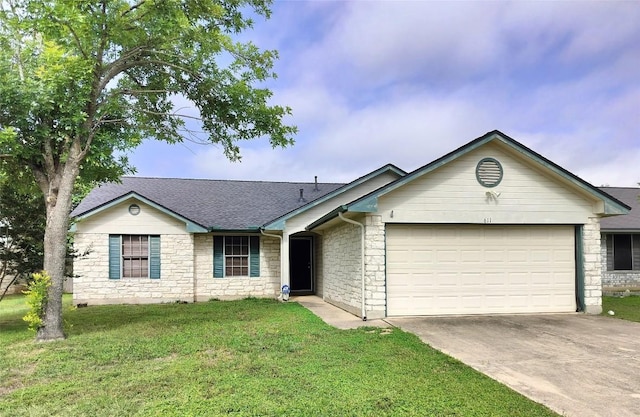 611 Clearcreek Dr, Leander, TX 78641 - ranch-style house with driveway, stone siding, and a garage