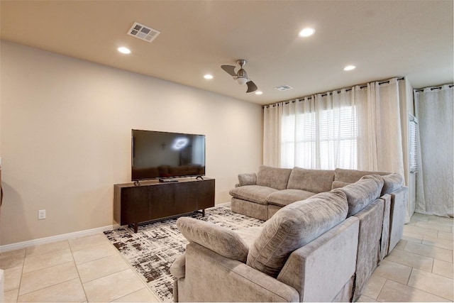 417 Epiphany Ln, Pflugerville, TX 78660 - living room with ceiling fan, recessed lighting, and light tile patterned floors