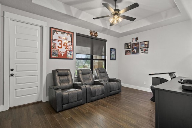 205 Honey Locust Cv, Leander, TX 78641 - home theater room with a tray ceiling, a ceiling fan, and dark wood-style floors