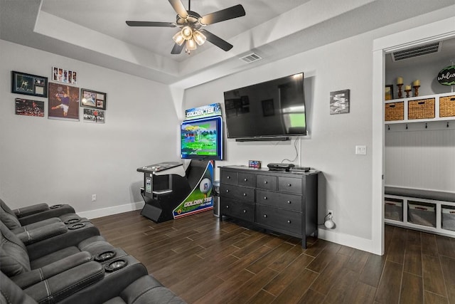 205 Honey Locust Cv, Leander, TX 78641 - living room featuring a ceiling fan, a tray ceiling, and wood finished floors