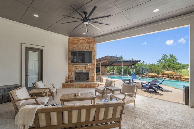 205 Honey Locust Cv, Leander, TX 78641 - view of patio featuring an outdoor living space with a fireplace, a ceiling fan, and an outdoor pool
