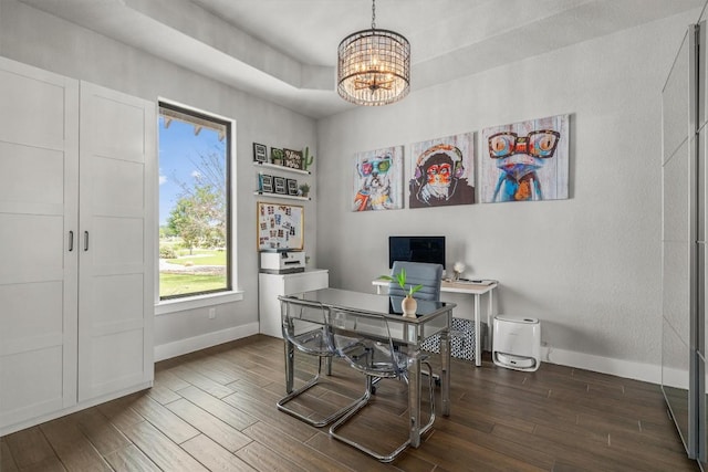 205 Honey Locust Cv, Leander, TX 78641 - office area with dark wood finished floors and a chandelier