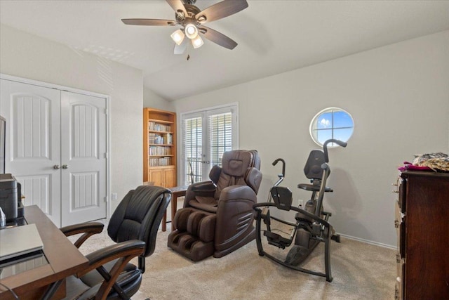 212 Plata Ln, Jarrell, TX 76537 - carpeted home office featuring lofted ceiling, a ceiling fan, and french doors