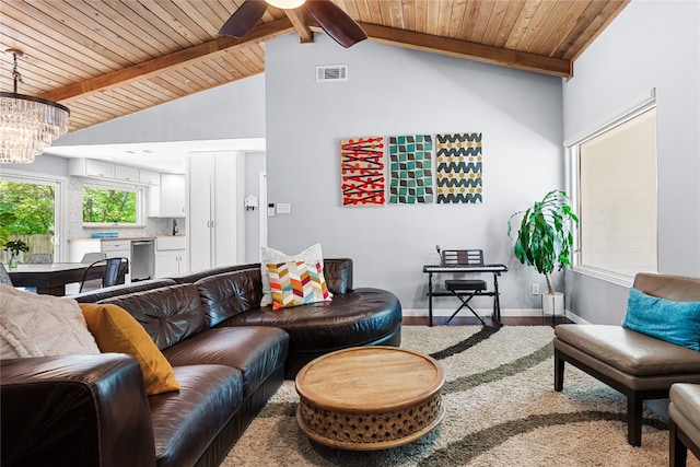 1703 Duke Ave, Austin, TX 78757 - living room with wood ceiling, a chandelier, wood finished floors, and ceiling fan