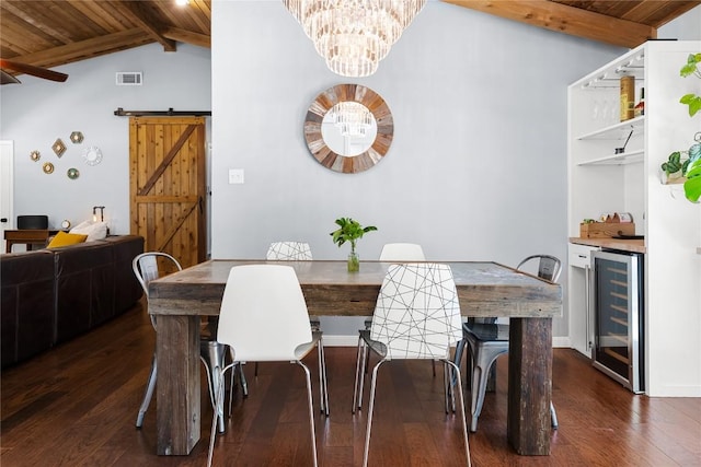 1703 Duke Ave, Austin, TX 78757 - dining area with wine cooler, wood ceiling, dark wood-style flooring, a barn door, and ceiling fan