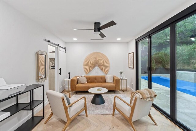 4808 Ranch Rd Unit 2222, Austin, TX 78731 - living area with a barn door, a ceiling fan, and recessed lighting