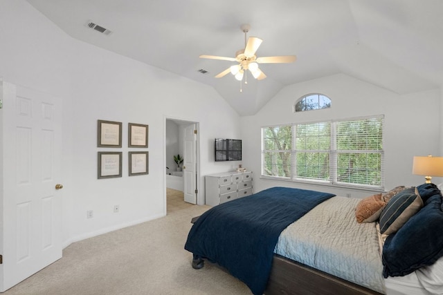 2308 Windswept Dr, Austin, TX 78738 - bedroom featuring light carpet, vaulted ceiling, and ceiling fan