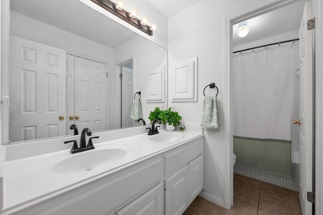 2308 Windswept Dr, Austin, TX 78738 - bathroom with double vanity, tile patterned flooring, and a shower with shower curtain