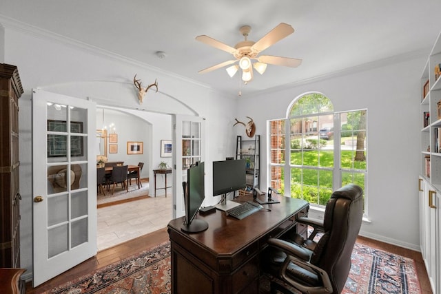 2308 Windswept Dr, Austin, TX 78738 - office with ornamental molding, wood finished floors, ceiling fan, and a chandelier