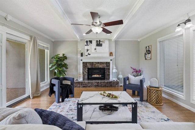 100 Lido Cir Unit B-1, Lakeway, TX 78734 - living area featuring wood finished floors, crown molding, ceiling fan, a high end fireplace, and beamed ceiling