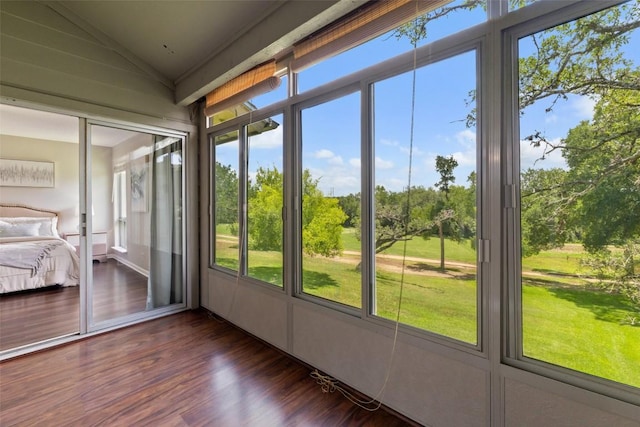 100 Lido Cir Unit B-1, Lakeway, TX 78734 - unfurnished sunroom featuring vaulted ceiling, wood finished floors, and view of wooded area