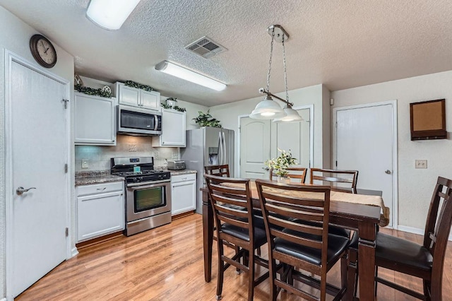 1229 Twin Cv, Kyle, TX 78640 - kitchen with appliances with stainless steel finishes, light wood-type flooring, pendant lighting, a textured ceiling, and tasteful backsplash