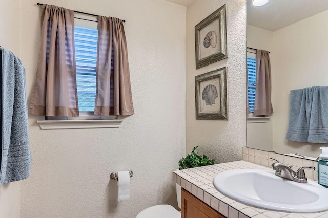 1229 Twin Cv, Kyle, TX 78640 - half bathroom with vanity, healthy amount of natural light, backsplash, and a textured wall
