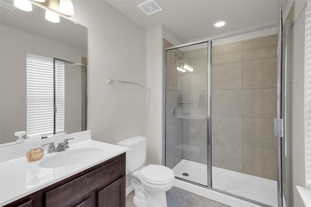 1416 Bichon Bnd, Austin, TX 78748 - bathroom with vanity, a stall shower, recessed lighting, and tile patterned floors