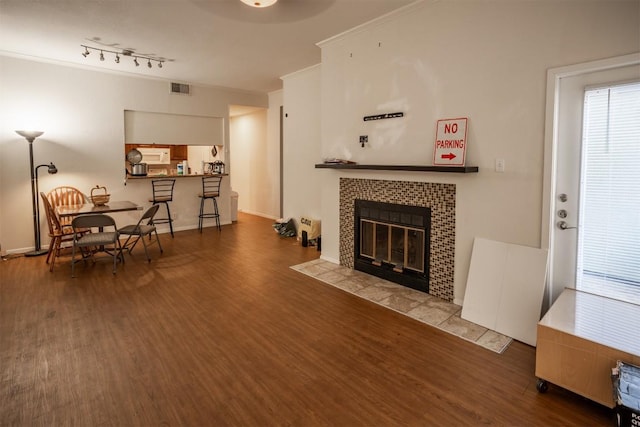 807 W 25th St Unit 102, Austin, TX 78705 - living room with wood finished floors and a fireplace
