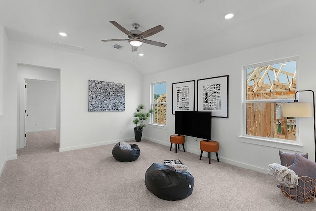 2705 Sage Ranch Dr Unit 19, Leander, TX 78641 - sitting room featuring carpet flooring, a ceiling fan, recessed lighting, and lofted ceiling