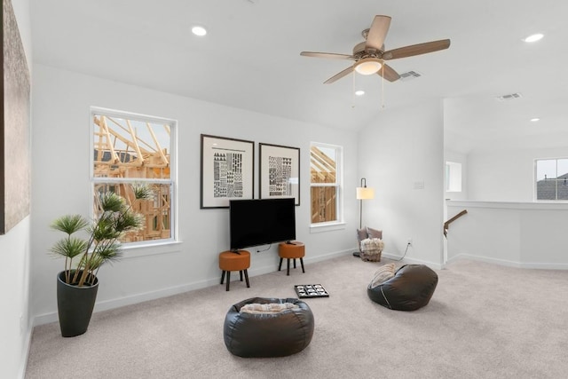 2705 Sage Ranch Dr Unit 19, Leander, TX 78641 - living area with carpet flooring, recessed lighting, a ceiling fan, an upstairs landing, and vaulted ceiling
