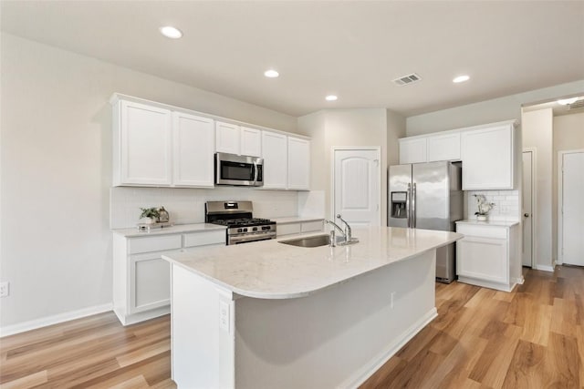 2533 Buffalo Ford Ct, Georgetown, TX 78628 - kitchen featuring stainless steel appliances, tasteful backsplash, white cabinets, light wood-style flooring, and an island with sink