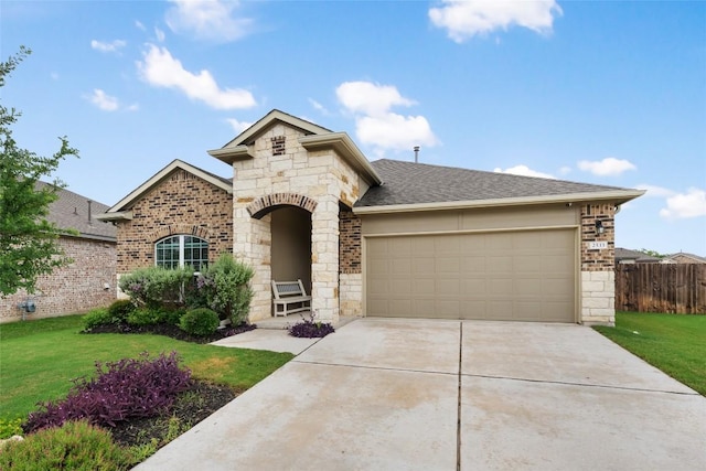2533 Buffalo Ford Ct, Georgetown, TX 78628 - french country inspired facade featuring stone siding, a garage, driveway, roof with shingles, and brick siding