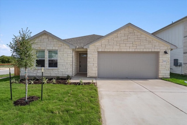 10406 Mager Ln, Hutto, TX 78634 - ranch-style house with driveway, stone siding, an attached garage, a front lawn, and a shingled roof