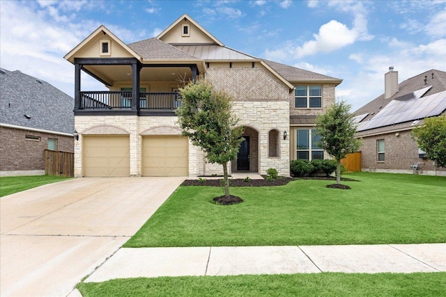19612 Abigail Way, Pflugerville, TX 78660 - view of front of home with a balcony, stone siding, driveway, and a garage