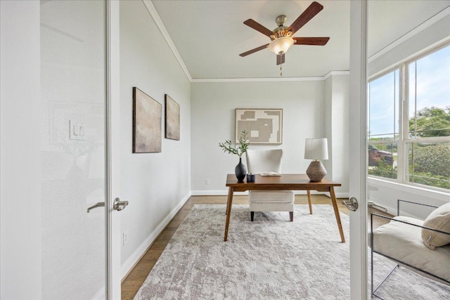 19612 Abigail Way, Pflugerville, TX 78660 - office area with wood finished floors, ornamental molding, and ceiling fan