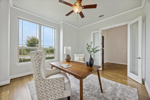 19612 Abigail Way, Pflugerville, TX 78660 - office area featuring crown molding, wood finished floors, french doors, and ceiling fan