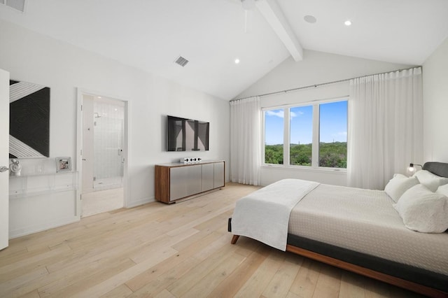 2608 Watkins Way, Austin, TX 78746 - bedroom featuring beamed ceiling, light wood-type flooring, recessed lighting, connected bathroom, and high vaulted ceiling
