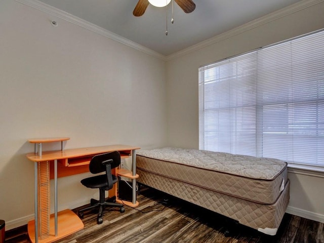 501 W 26th St Unit 102, Austin, TX 78705 - bedroom featuring dark wood-style flooring, ornamental molding, and ceiling fan