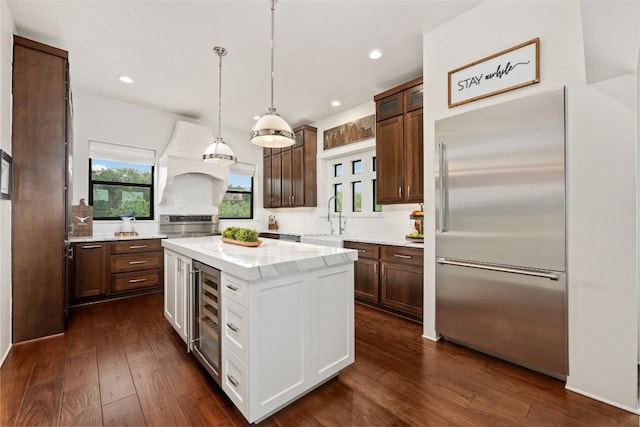 1404 Hurst Creek Rd, Austin, TX 78734 - kitchen with appliances with stainless steel finishes, wine cooler, custom exhaust hood, dark wood-style floors, and recessed lighting