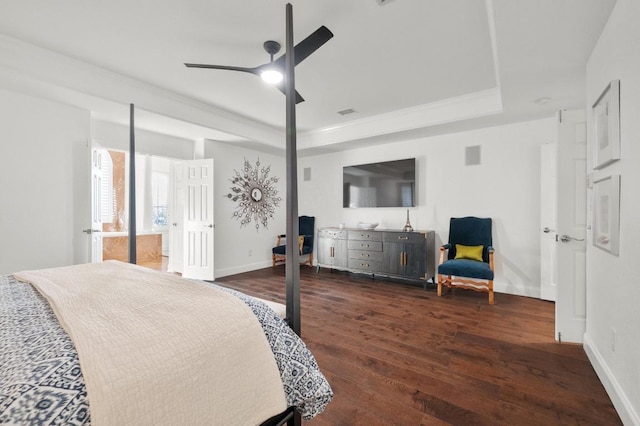 11208 Woodland Hills Trl, Austin, TX 78732 - bedroom with a tray ceiling, hardwood / wood-style flooring, crown molding, and a ceiling fan