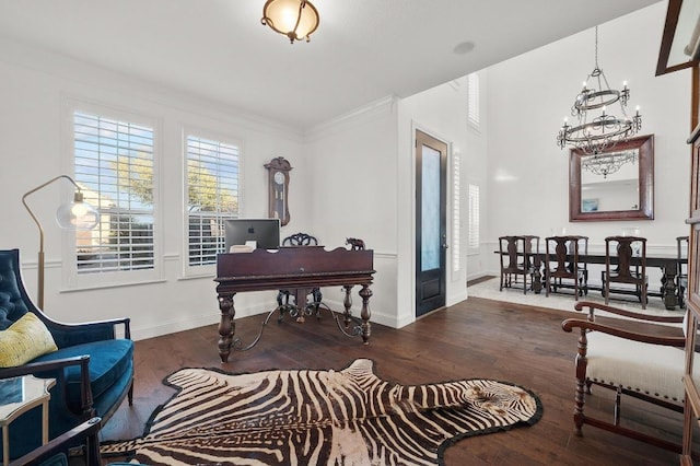 11208 Woodland Hills Trl, Austin, TX 78732 - office with a chandelier, wood finished floors, and ornamental molding